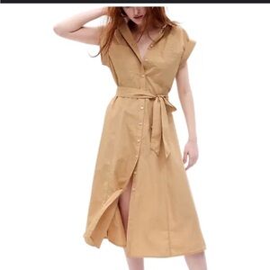 NWT Gap Tan Brown Utility MIDI Dress Belted Button Down Linen Cotton Shirt Dress